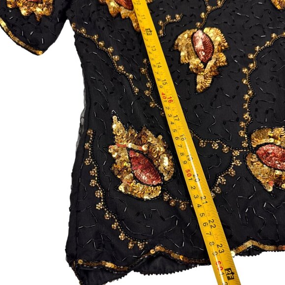 VTG 90s Stenay Beaded Top Sz.S Blak Gold Leaf Sequins Whimsigoth Fairy Formal - Picture 8 of 11